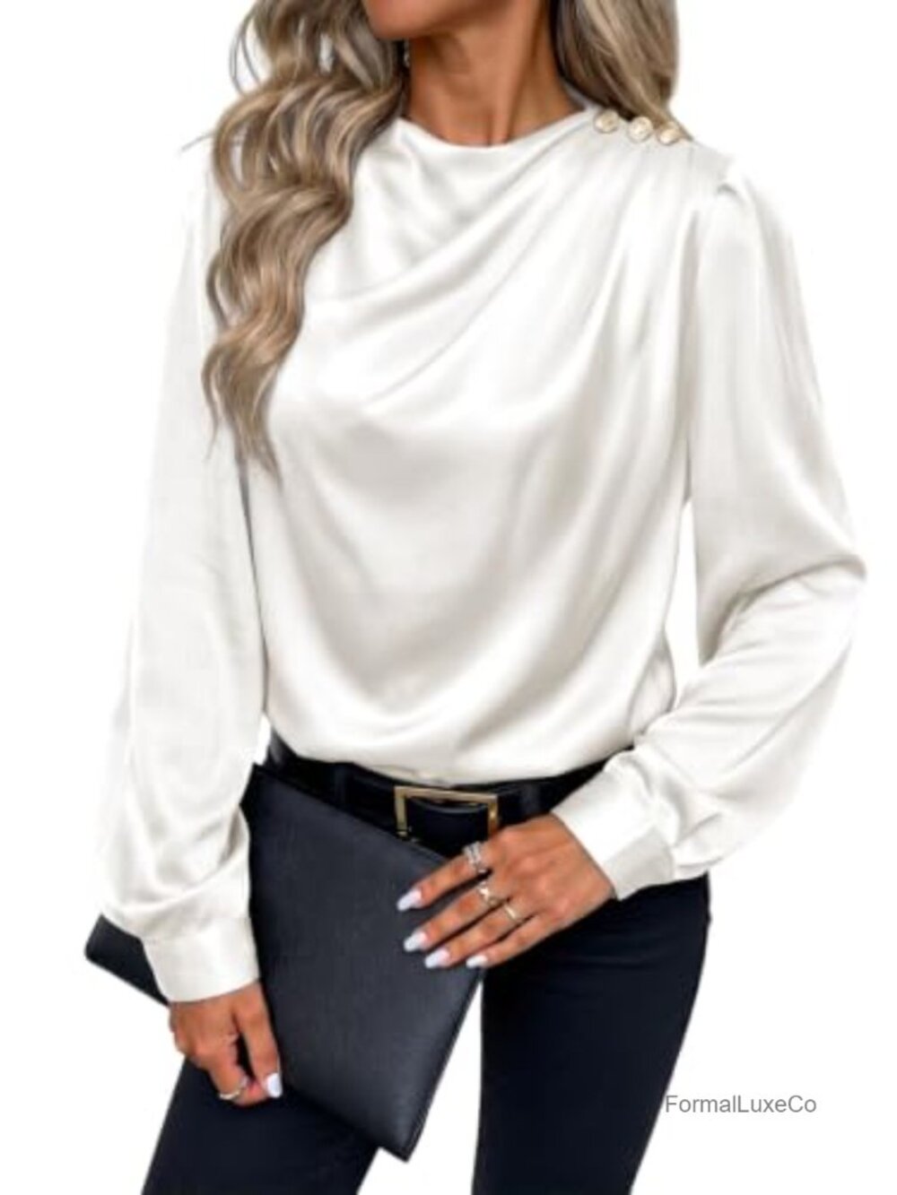 Satin Mock Neck Blouse Button Shoulder Loose Fit Pullover Top